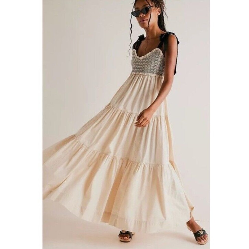 Free People L Bluebell Tie Shoulder Maxi Dress Smocked Vacation Sand Solid